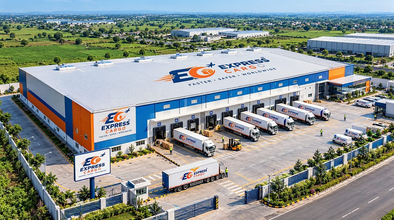 Aerial view of the Express Cargo warehouse and its loading dock fleet