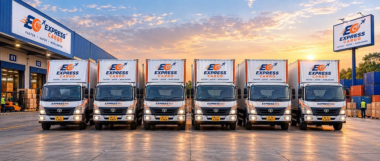 Express Cargo truck fleet lined up and loaded at sunrise